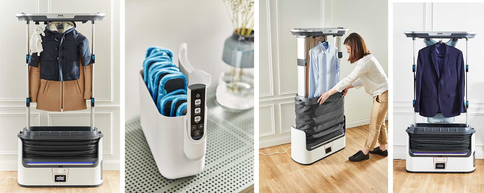 Images of the Tefal Care For You Automatic Garment Steamer in action.