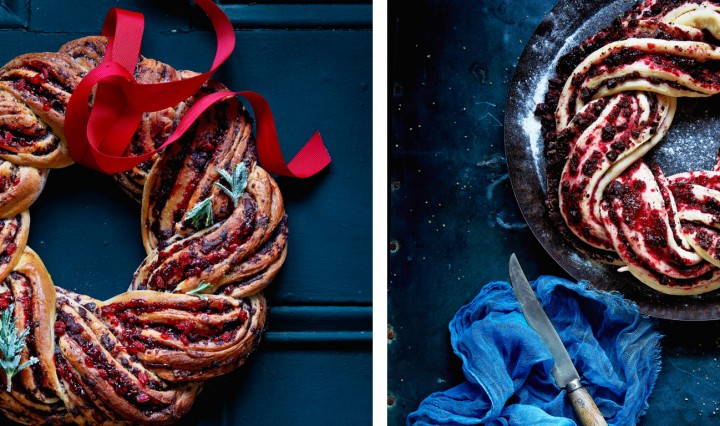 Chocolate and cranberry wreath with frosted rosemary