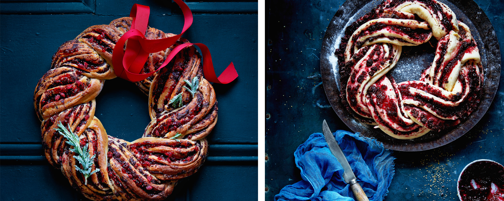 Chocolate and cranberry wreath with frosted rosemary