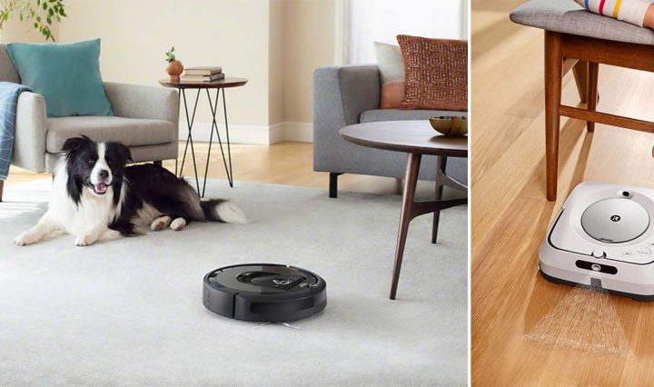 The iRobot Roomba i7+ Robotic Vacuum cleaning the carpet and the iRobot Braava jet m6 mopping floorboards.